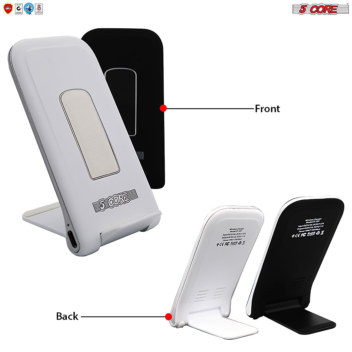 Wireless charger stand set showing front and back sides in white and black
