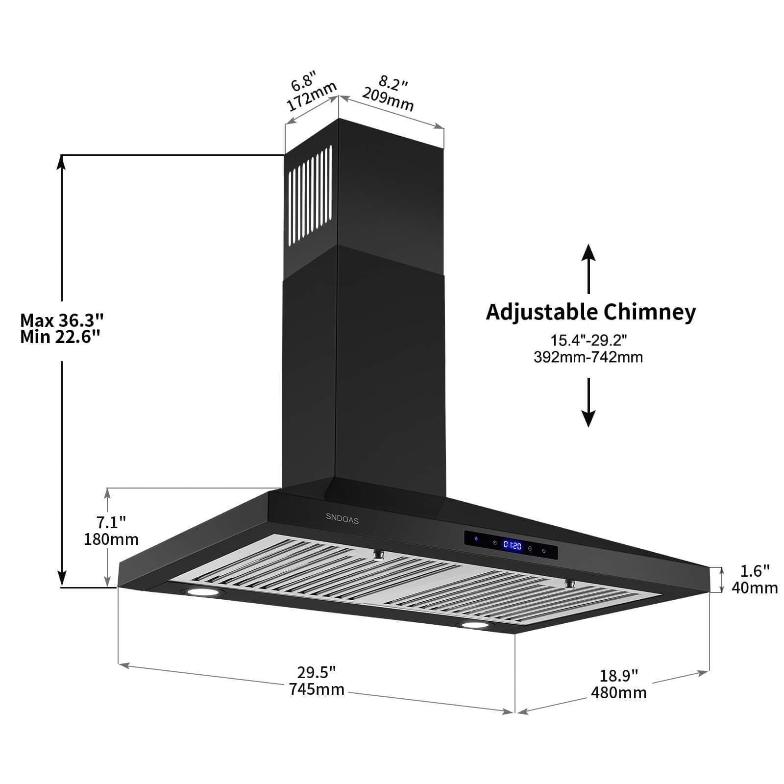 30 inch wall mount kitchen hood size diagram with adjustable chimney