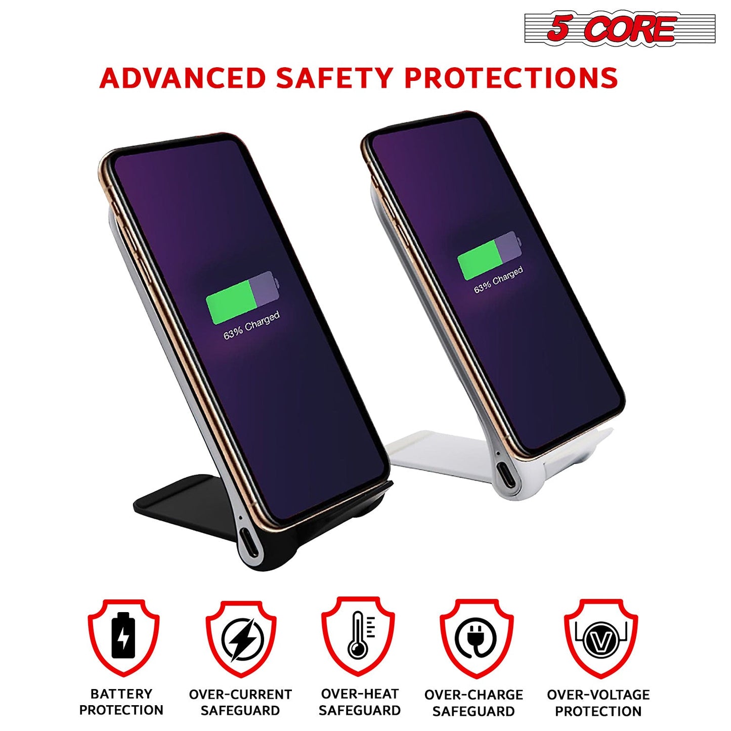 Wireless charger stand with battery and protection icons on phone-charging view