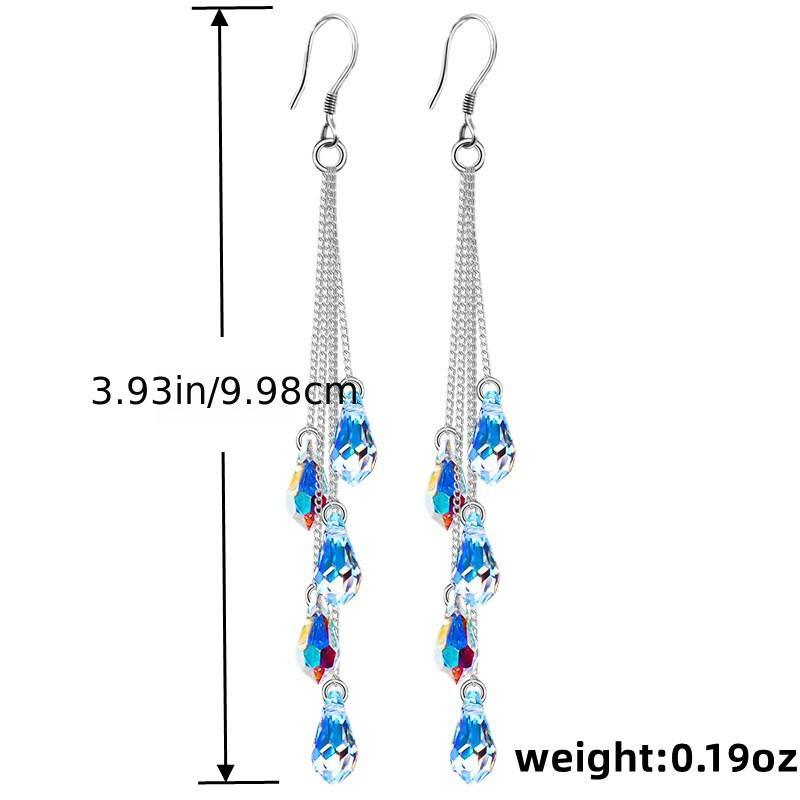 Long blue and multicolor zircon teardrop dangle earrings with silver hooks