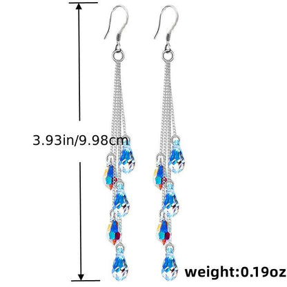 Long blue and multicolor zircon teardrop dangle earrings with silver hooks