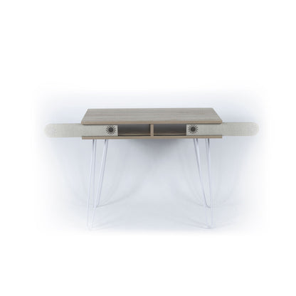 Two-tier modern desk side view with light wood shelves and metal wire legs