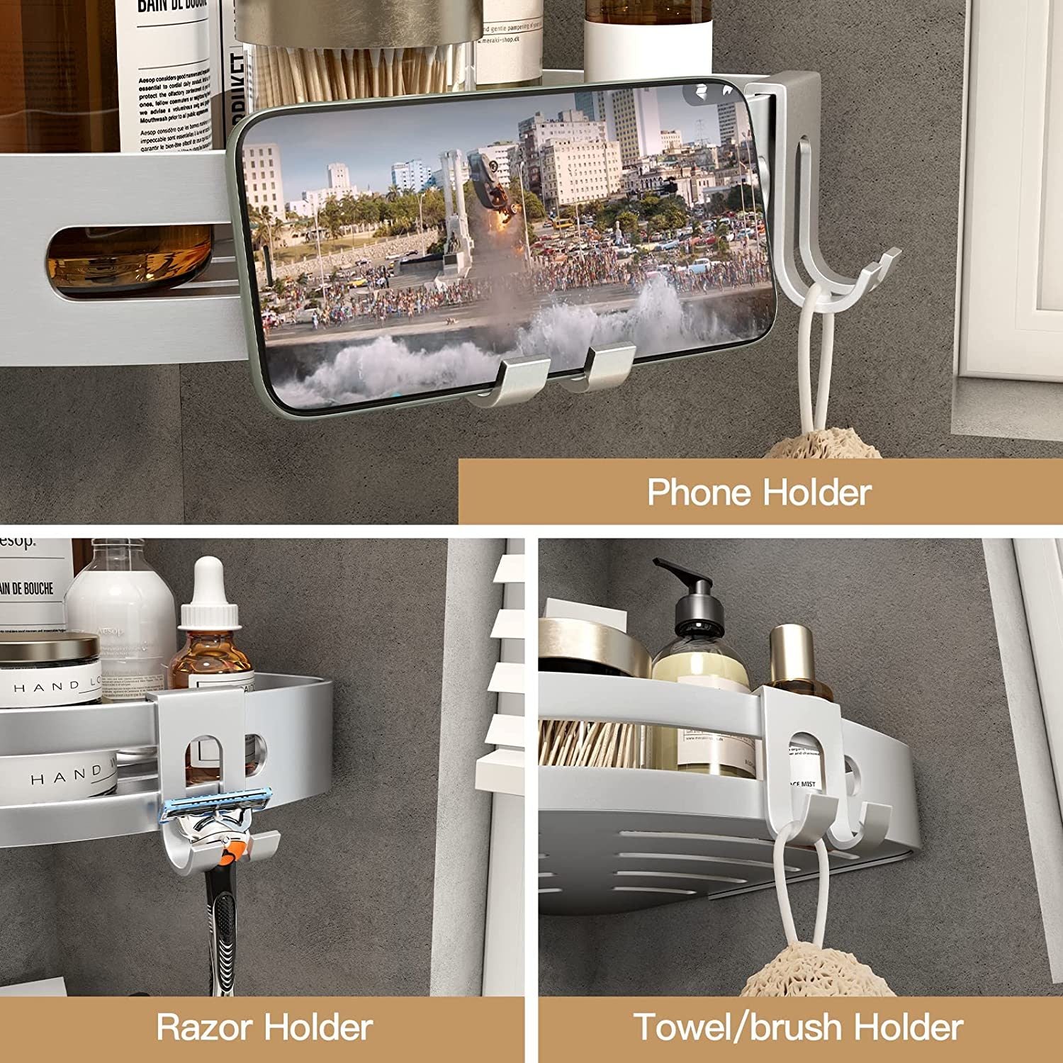 Silver metal corner shelf organizer with slide-out style compartments