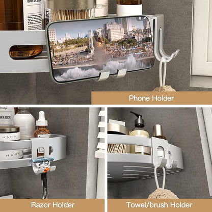 Silver metal corner shelf organizer with slide-out style compartments