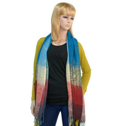 Moon, stars and roses pashmina shawl draped with tassel fringe, teal red beige