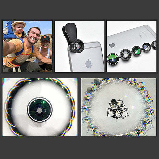 Smartphone and clip-on camera lens set with several lens attachments