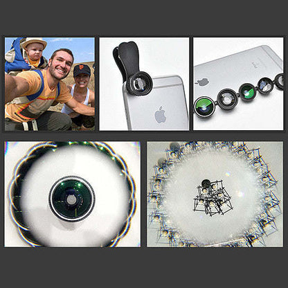 Smartphone and clip-on camera lens set with several lens attachments