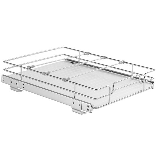 Metal pull-out cabinet organizer with wire basket shelves and slide-out rails