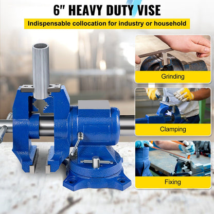 VEVOR 6" Heavy Duty Bench Vise , Double Swivel Rotating Vise Head/Body Rotates 360° ,Pipe Vise Bench Vices 30Kn Clamping Force,for Clamping Fixing Equipment Home or Industrial Use