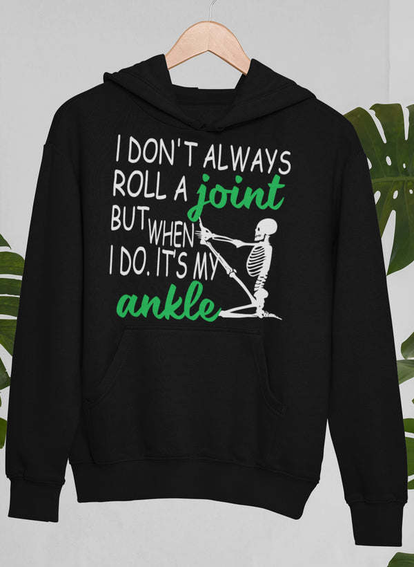 Black hoodie with front pocket and skeleton joint graphic on chest
