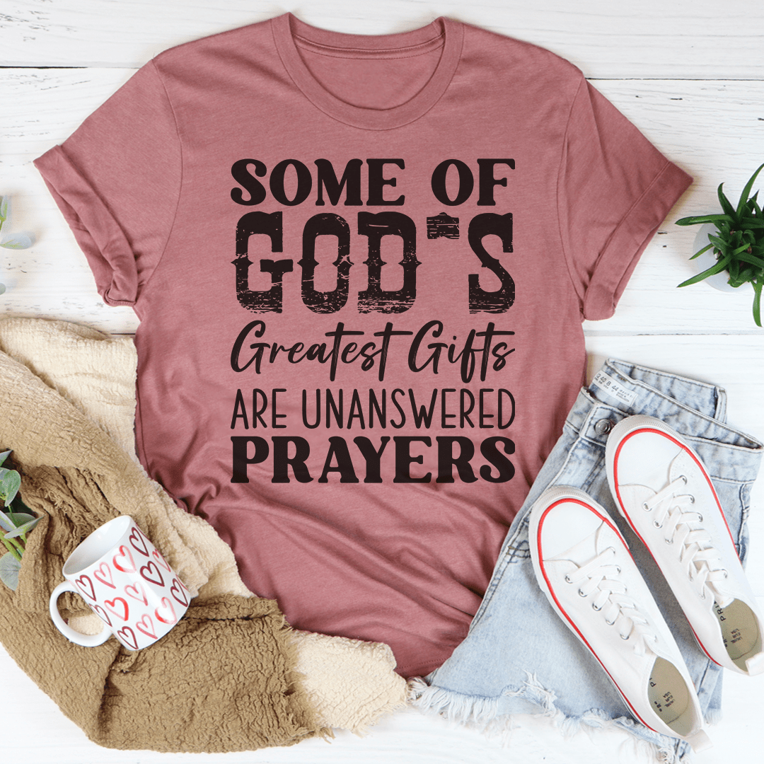 Mauve short-sleeve T-shirt with front text graphic: “Some of God’s Greatest Gifts…”