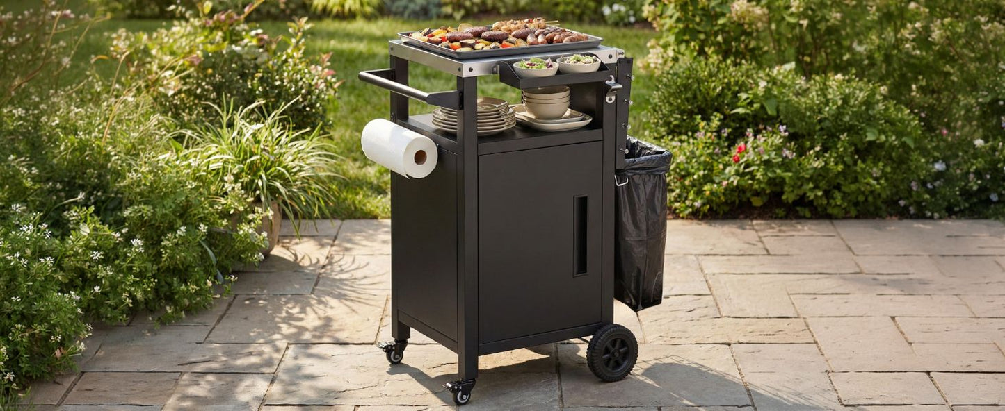 K&K 33.9" Outdoor Grill Cart with Drop Leaf, Outdoor Metal Bar Cart Pizza Oven Table with Wheels, Stainless Steel Top, Outdoor Kitchen Island with Storage Cabinet & Spice & Paper Rack for BBQ, Waterpr