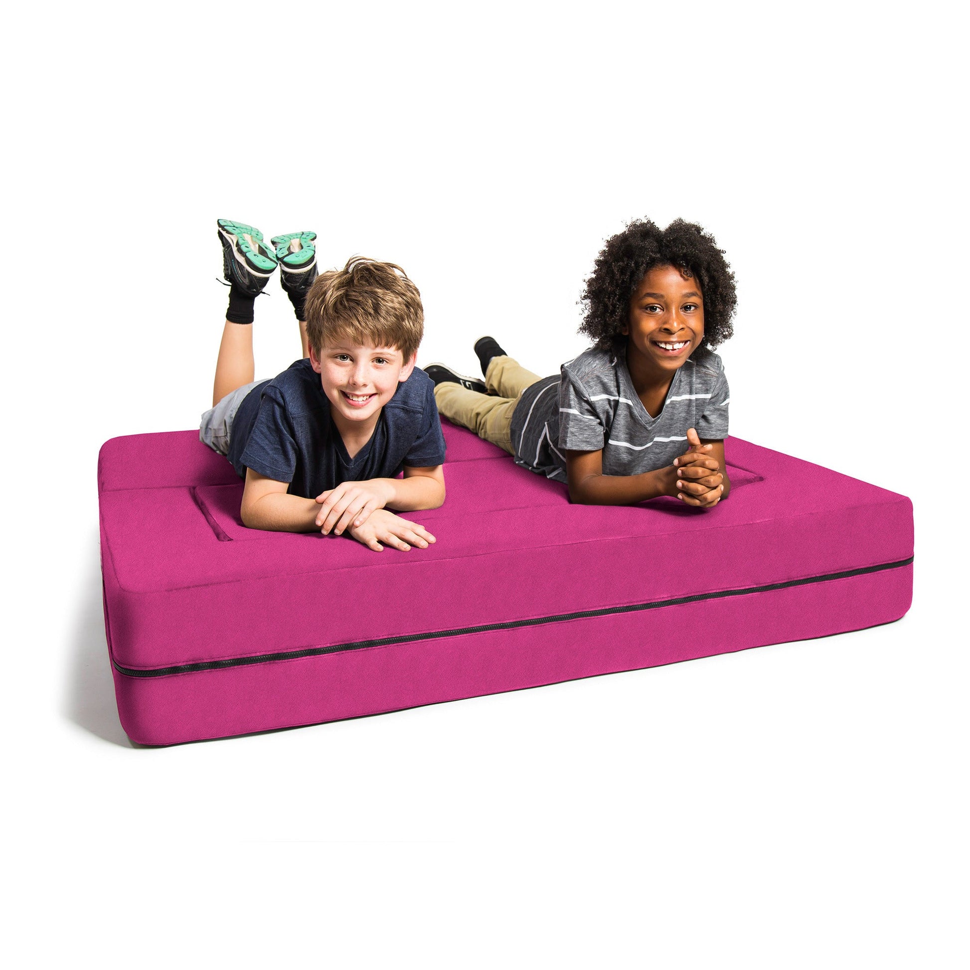 Fuchsia microsuede modular kids sofa with black edge trim, kids playing