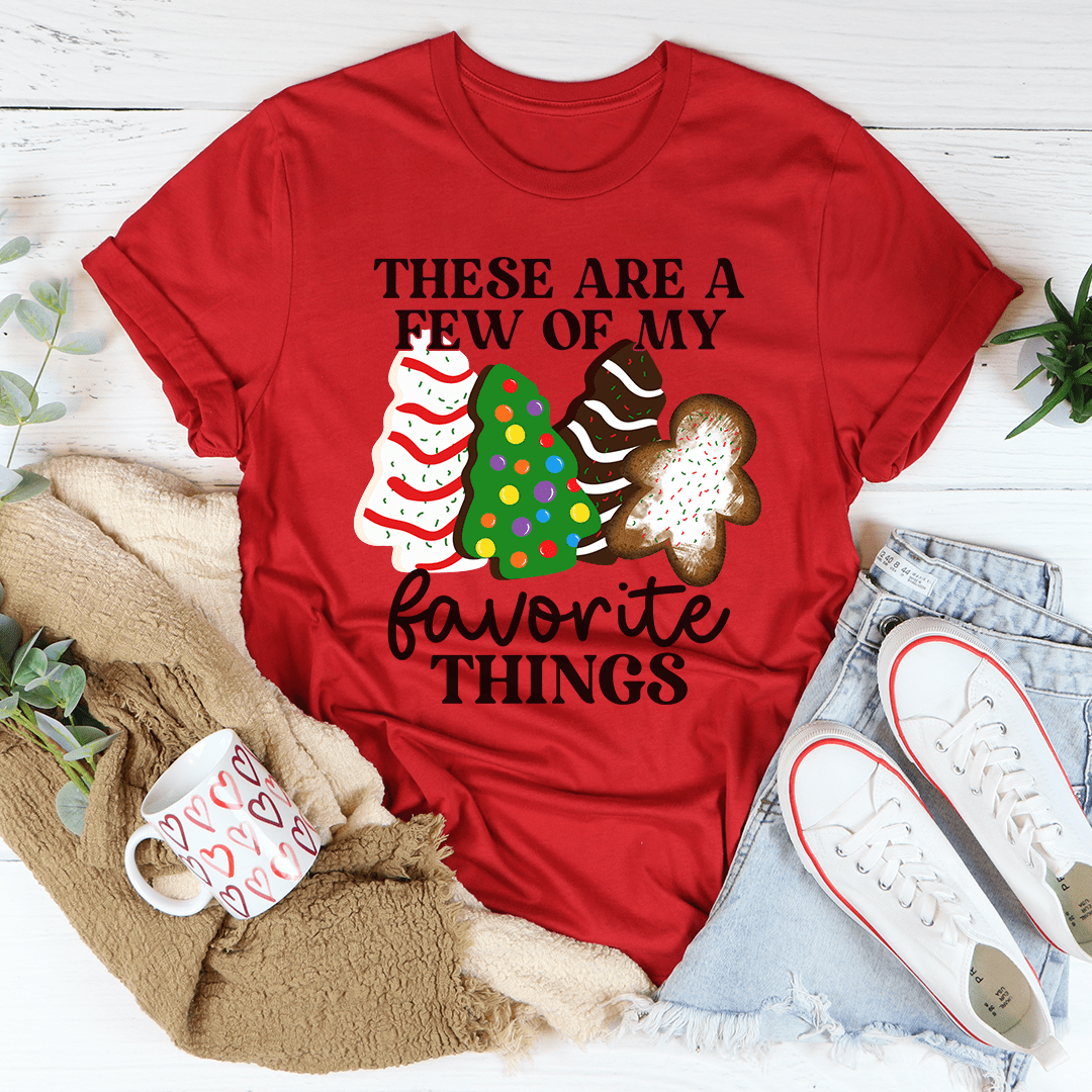Red short-sleeve T-shirt with 'Favorite Things' holiday graphic on the front
