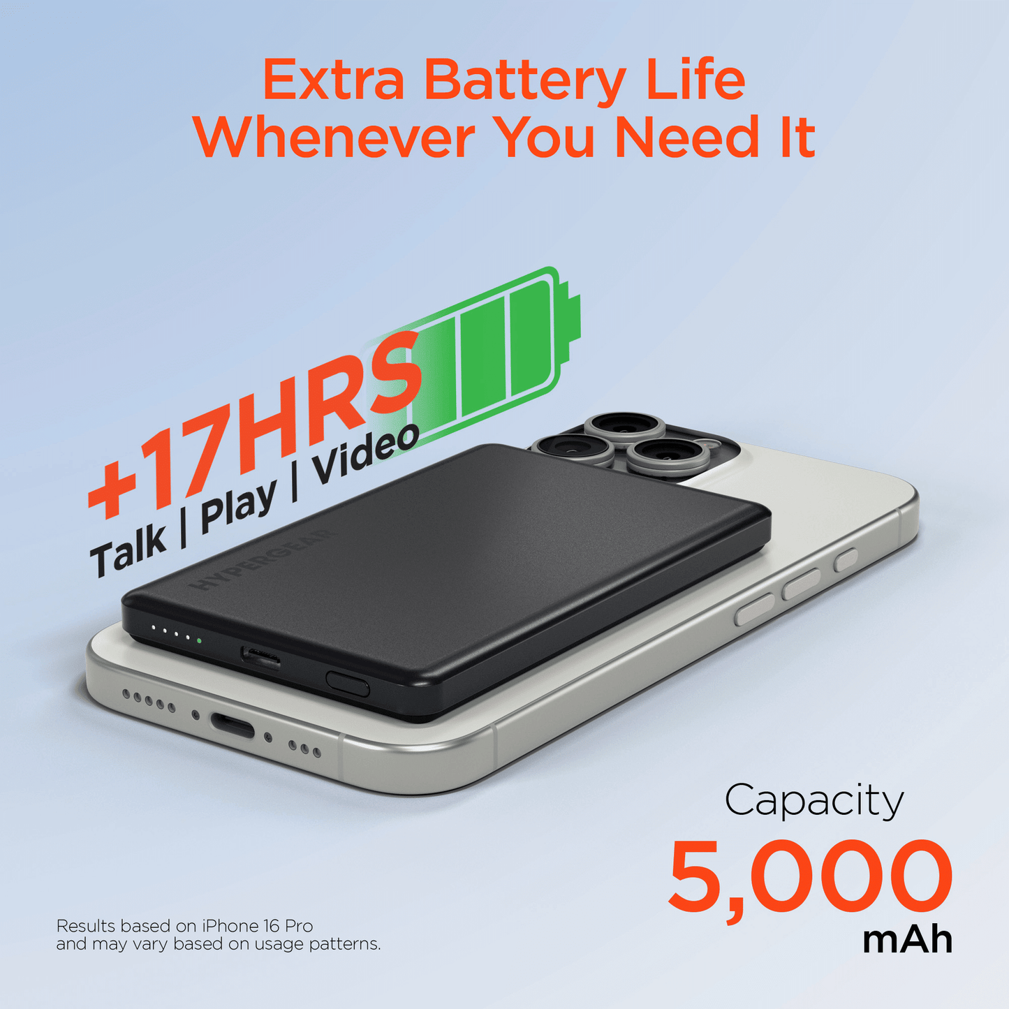 Black slim power bank with ports along the side next to a smartphone
