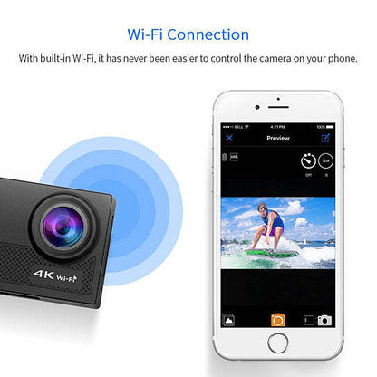 Black action camera with WiFi connection indicator beside smartphone app screen