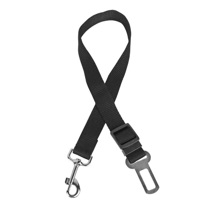 Black pet safety seat belt leash strap with metal clasp and buckle adjuster.