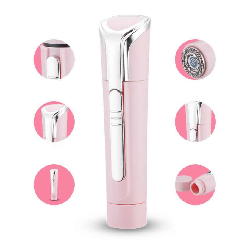 Pink 4-in-1 beauty grooming wand with display window and rotating facial head
