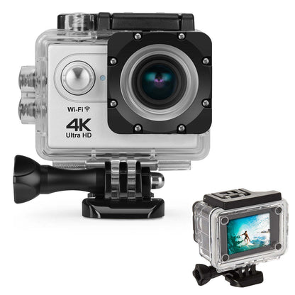 Waterproof action camera in clear case with black mount and front view display