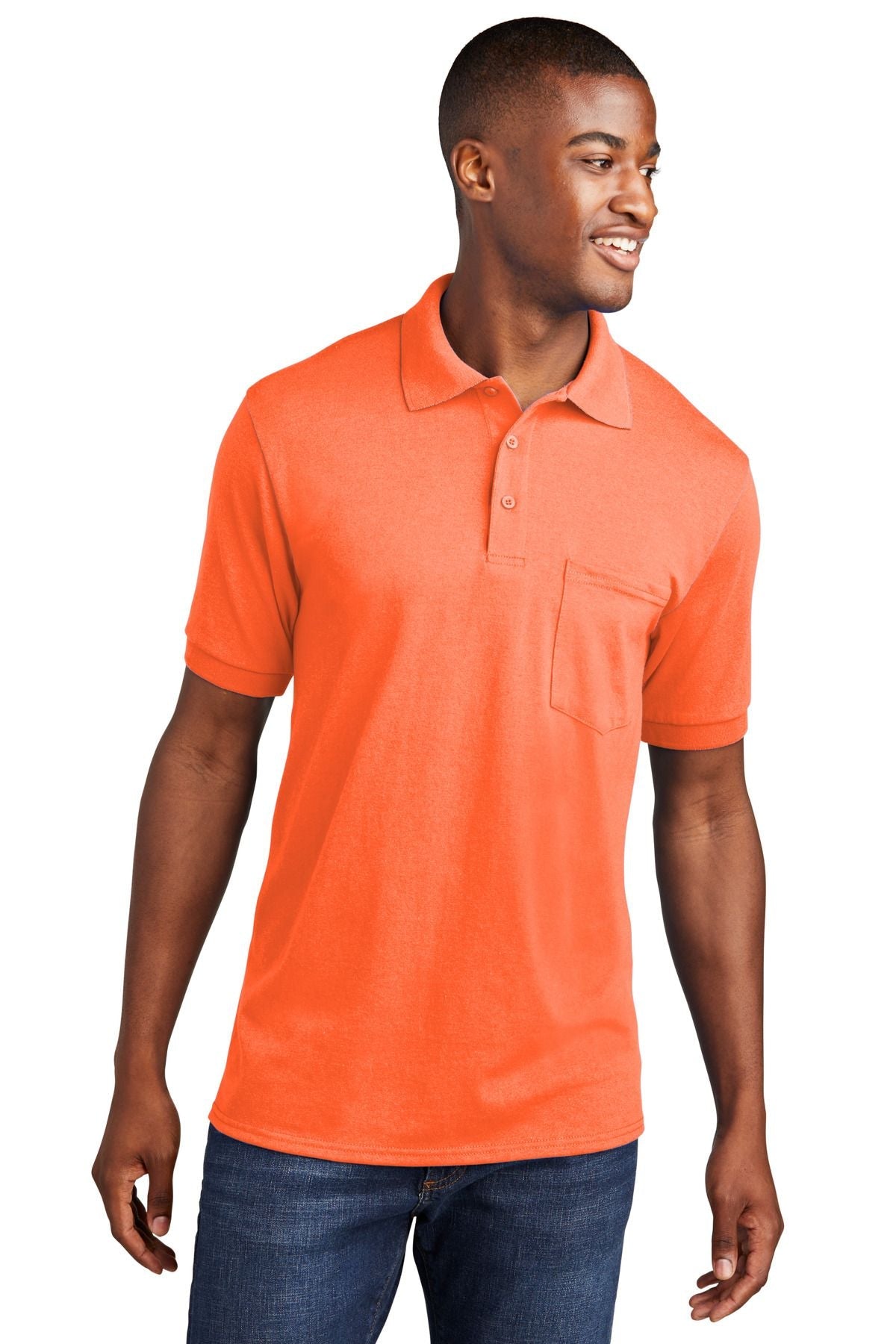 Safety Orange jersey knit polo shirt with chest pocket and button placket