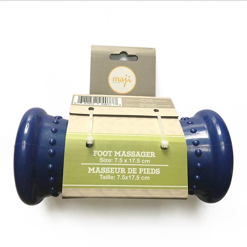 Blue foot massager roller with product card packaging and spiked massage nubs