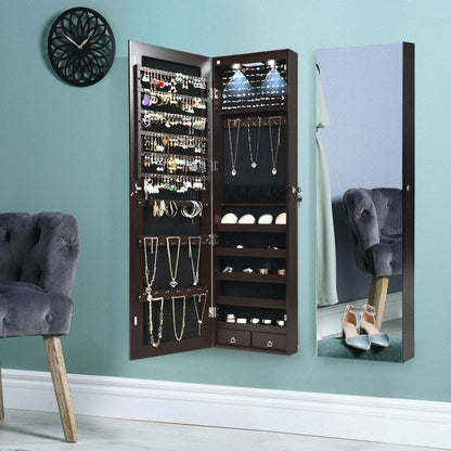 Mirrored jewelry cabinet with open storage, necklace hooks, and bright interior lights