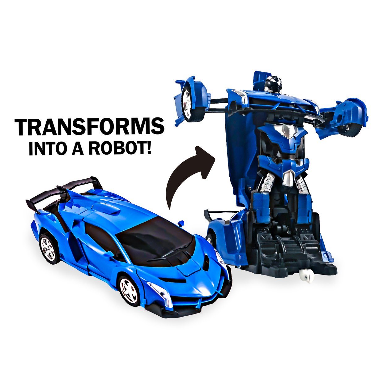 Blue transforming R/C robot car with robot body and wheels