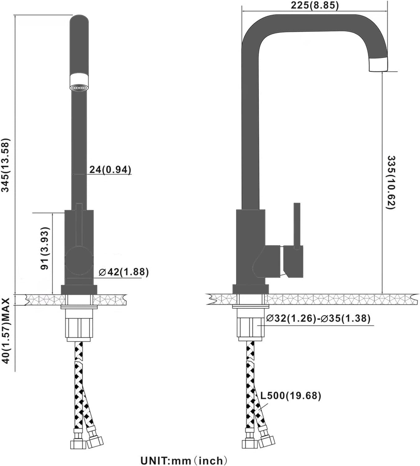 Matte black kitchen faucet dimension diagram with single-lever base and curved spout