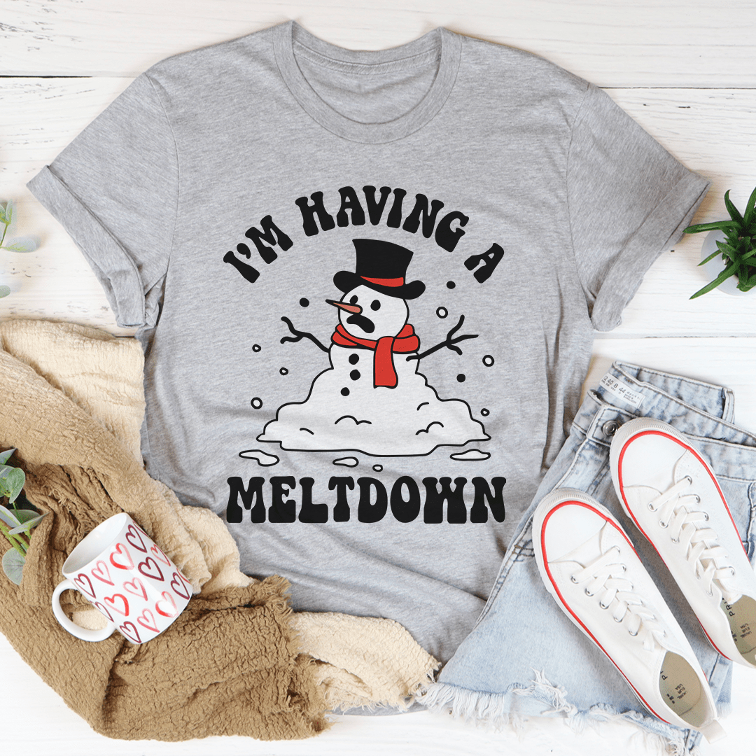 Heather gray crewneck T-shirt featuring melting snowman illustration and slogan