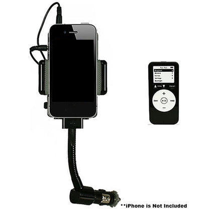Black phone cradle car charger with FM transmitter and remote control, 3.5mm cable
