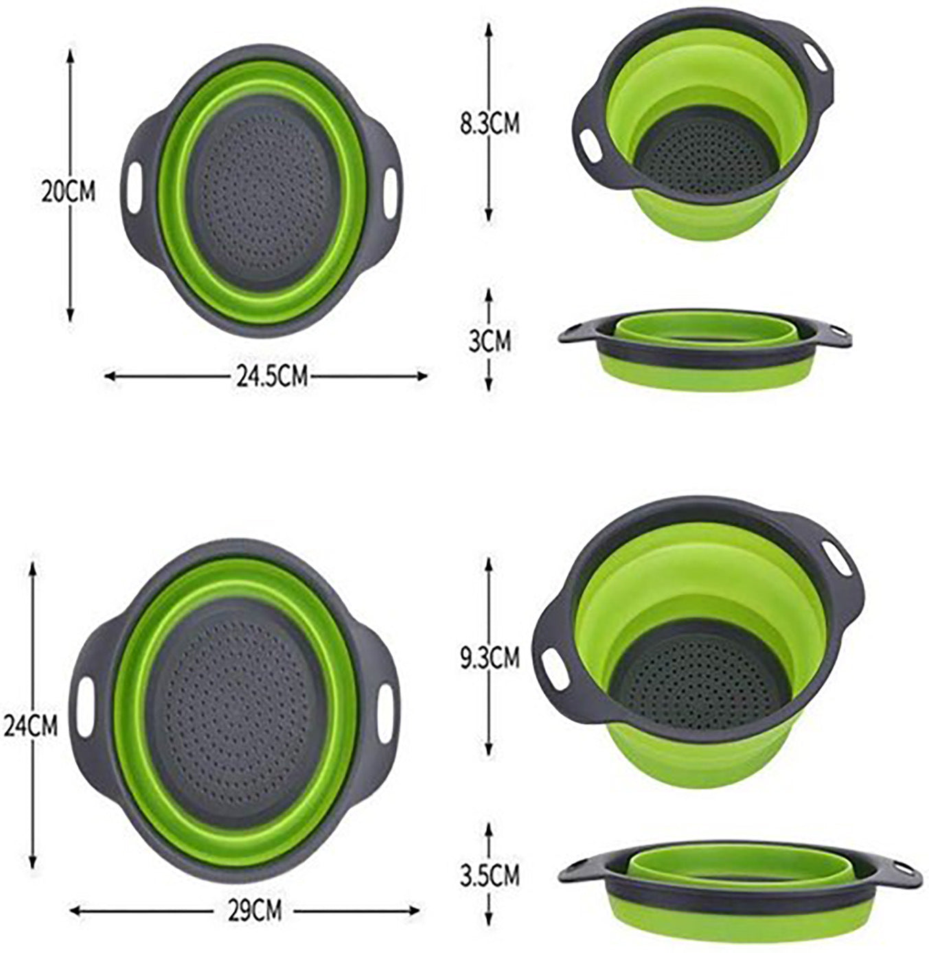 Collapsible silicone colander set of 2, green and gray with perforated drain bottoms