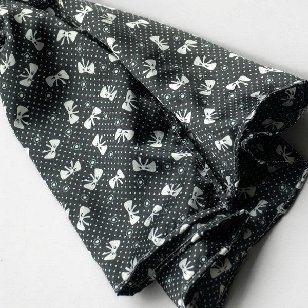 Black silk scarf with white butterfly and dot print, bowknot corner knot