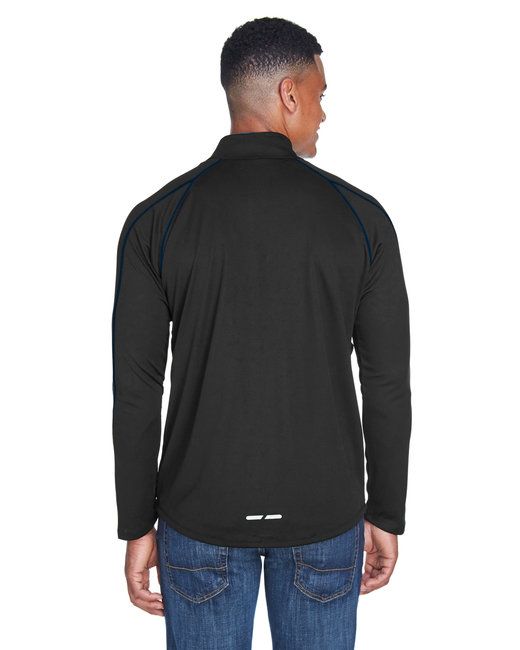 Men's quarter-zip performance top in black, back view with blue side piping.
