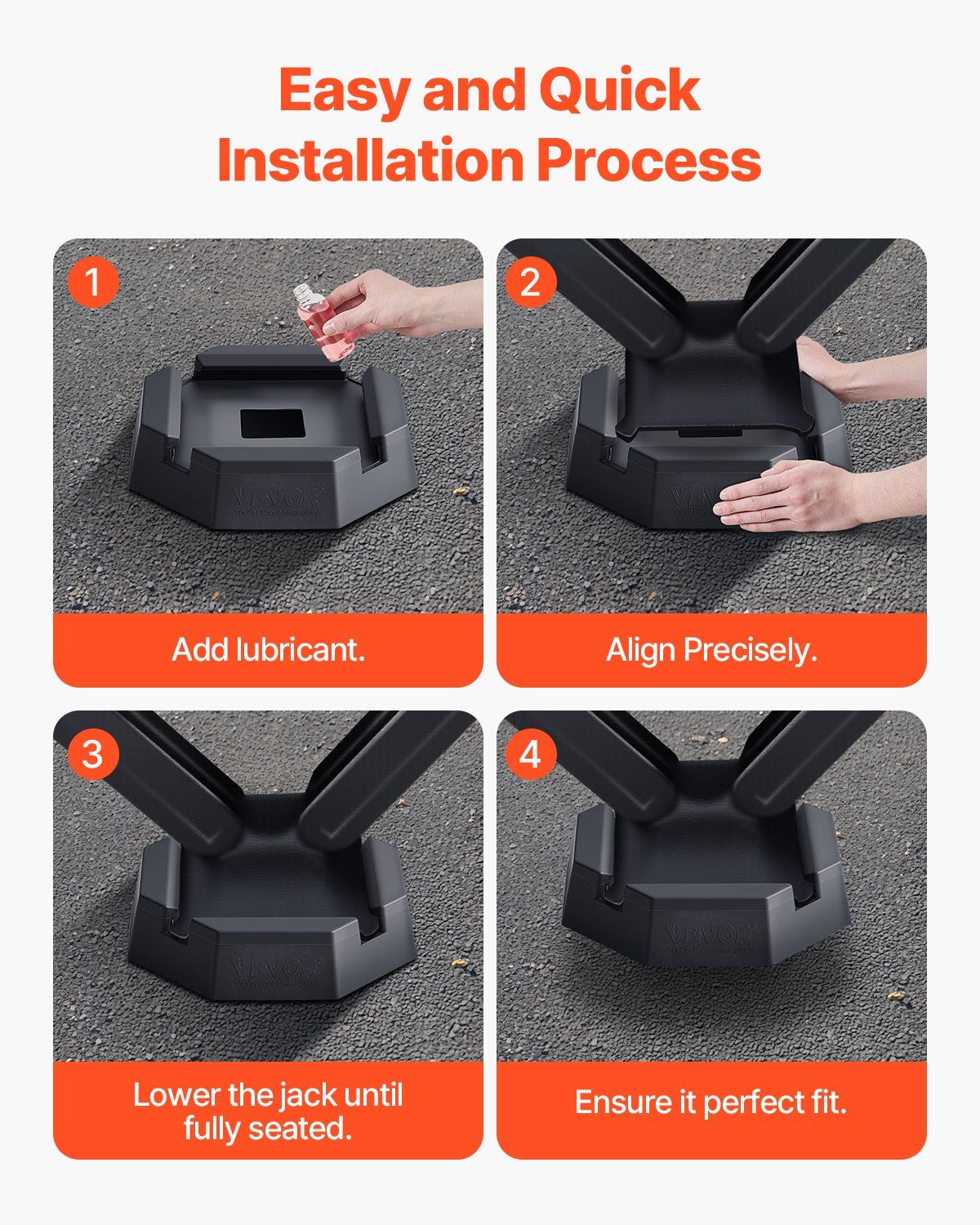 Black rubber trailer jack pad with raised edges and centered opening for secure fit