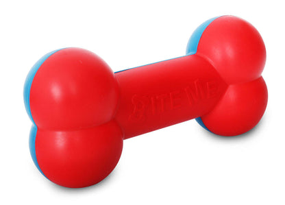 Red bone-shaped dog chew toy with blue end caps