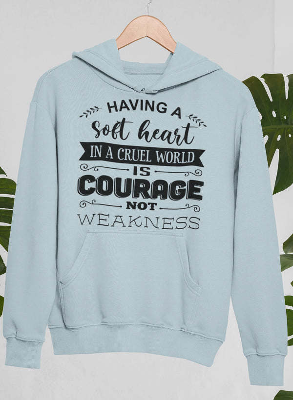 Light blue pullover hoodie with kangaroo pocket and large screen-printed quote on chest