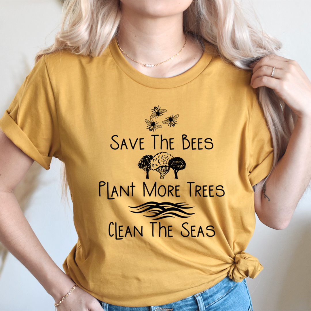 Mustard yellow crew-neck graphic T-shirt with bee, tree, and sea slogan print