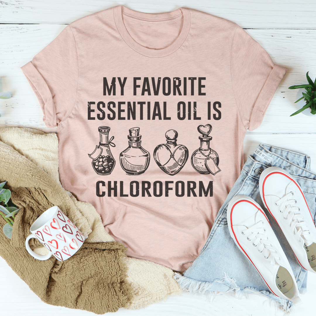 Rose essential oil T-shirt with centered 'Chloroform' text and bottle illustration.