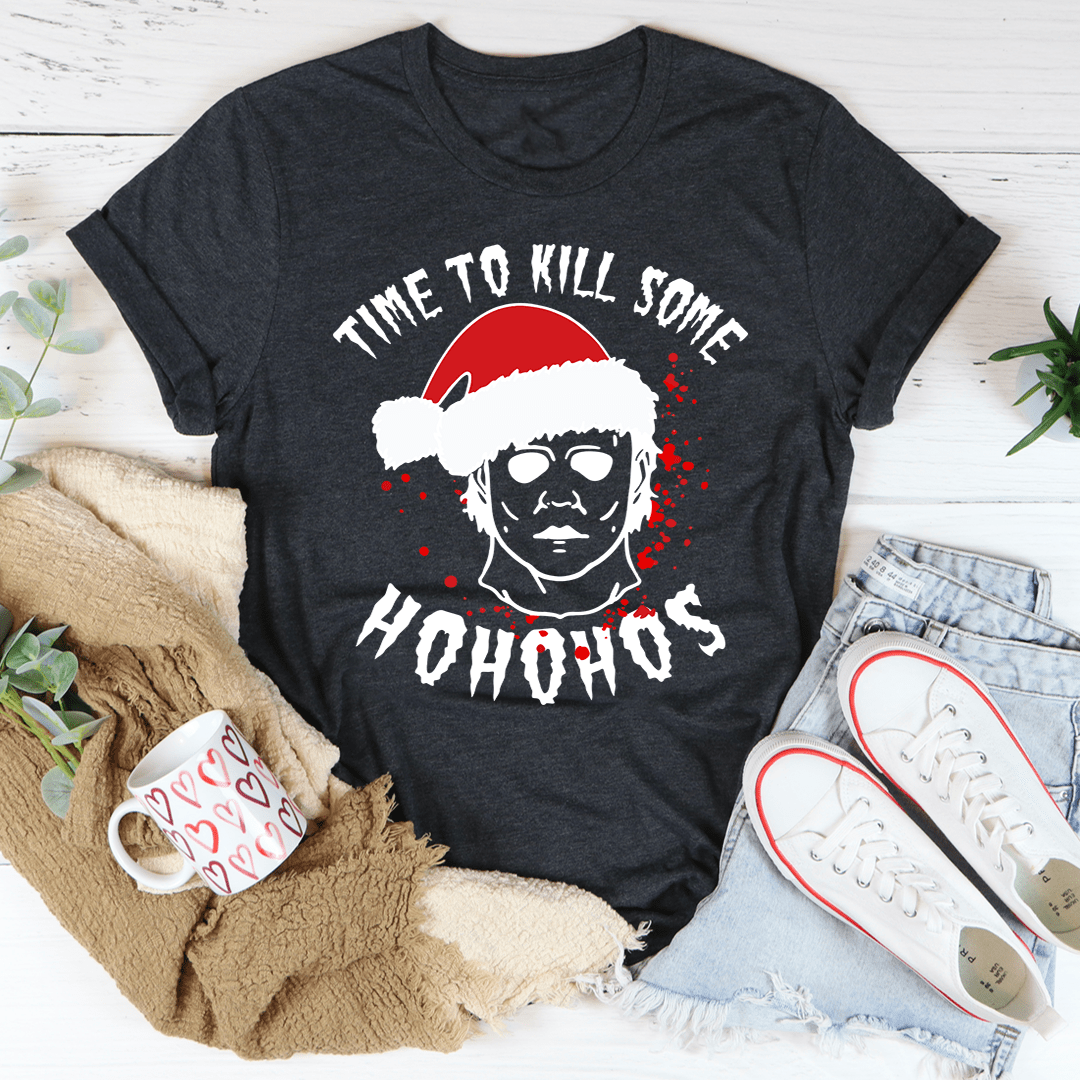 Dark grey heather T-shirt with Santa face graphic and red dot splatter