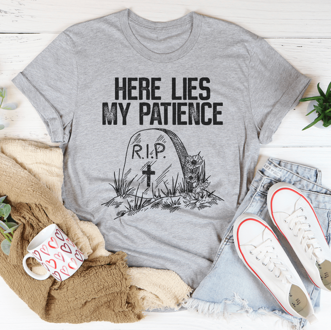 Gray heather T-shirt, crew neck, 'HERE LIES MY PATIENCE' R.I.P. graveyard graphic