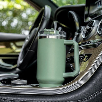 Mint green insulated car travel tumbler with handle and clear straw lid