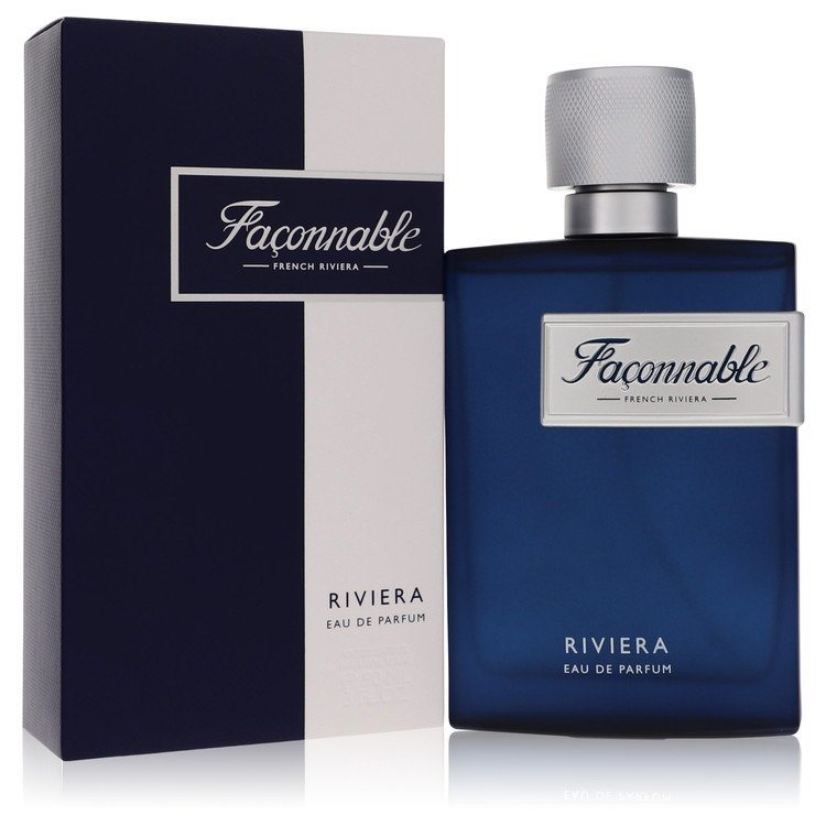 Faconnable Riviera eau de parfum spray, dark blue bottle with silver cap and labeled box