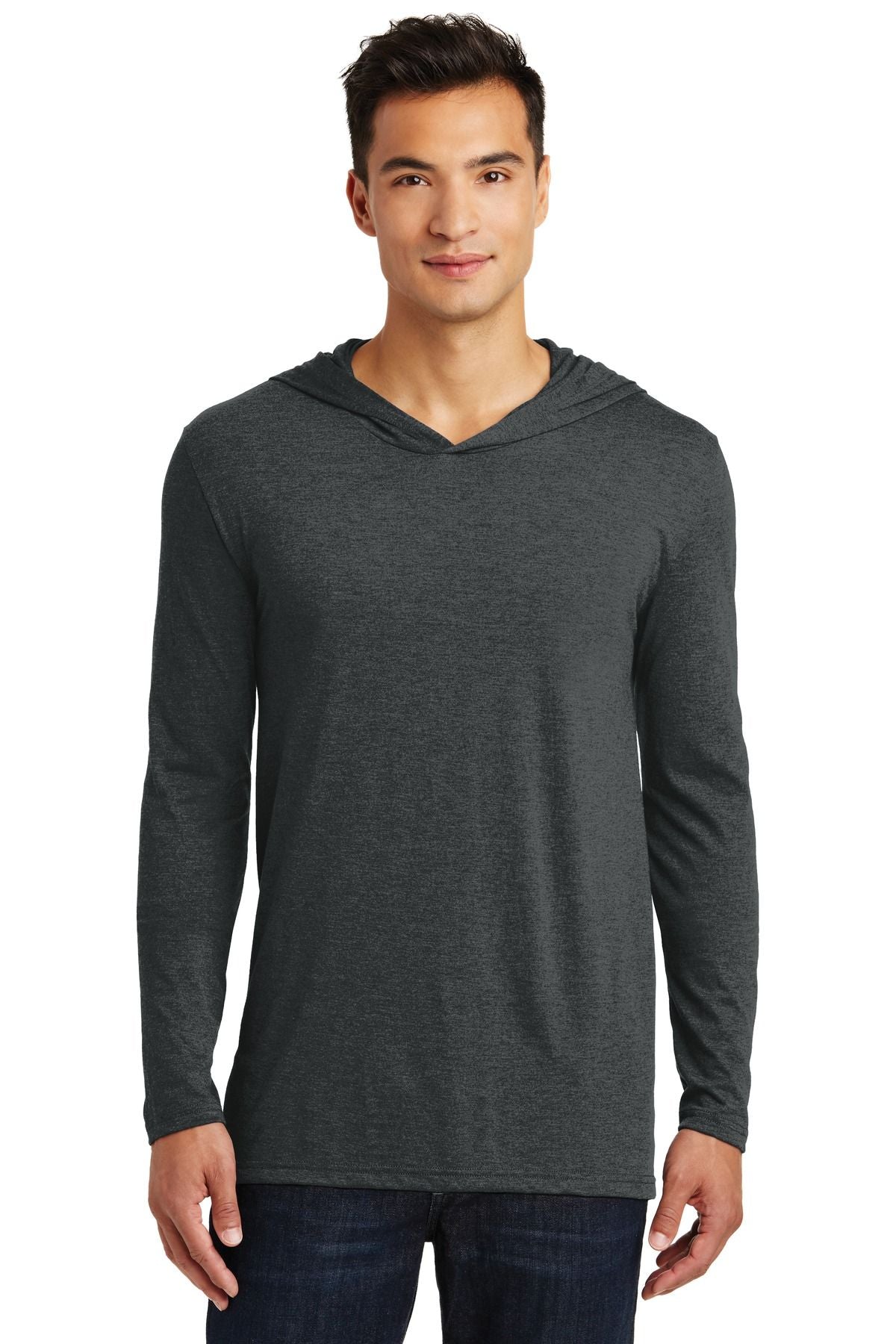 Heathered dark gray long sleeve hoodie with hood and front pocket.