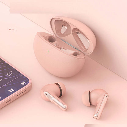 Pink wireless earbuds with open charging case and two earbuds outside the case