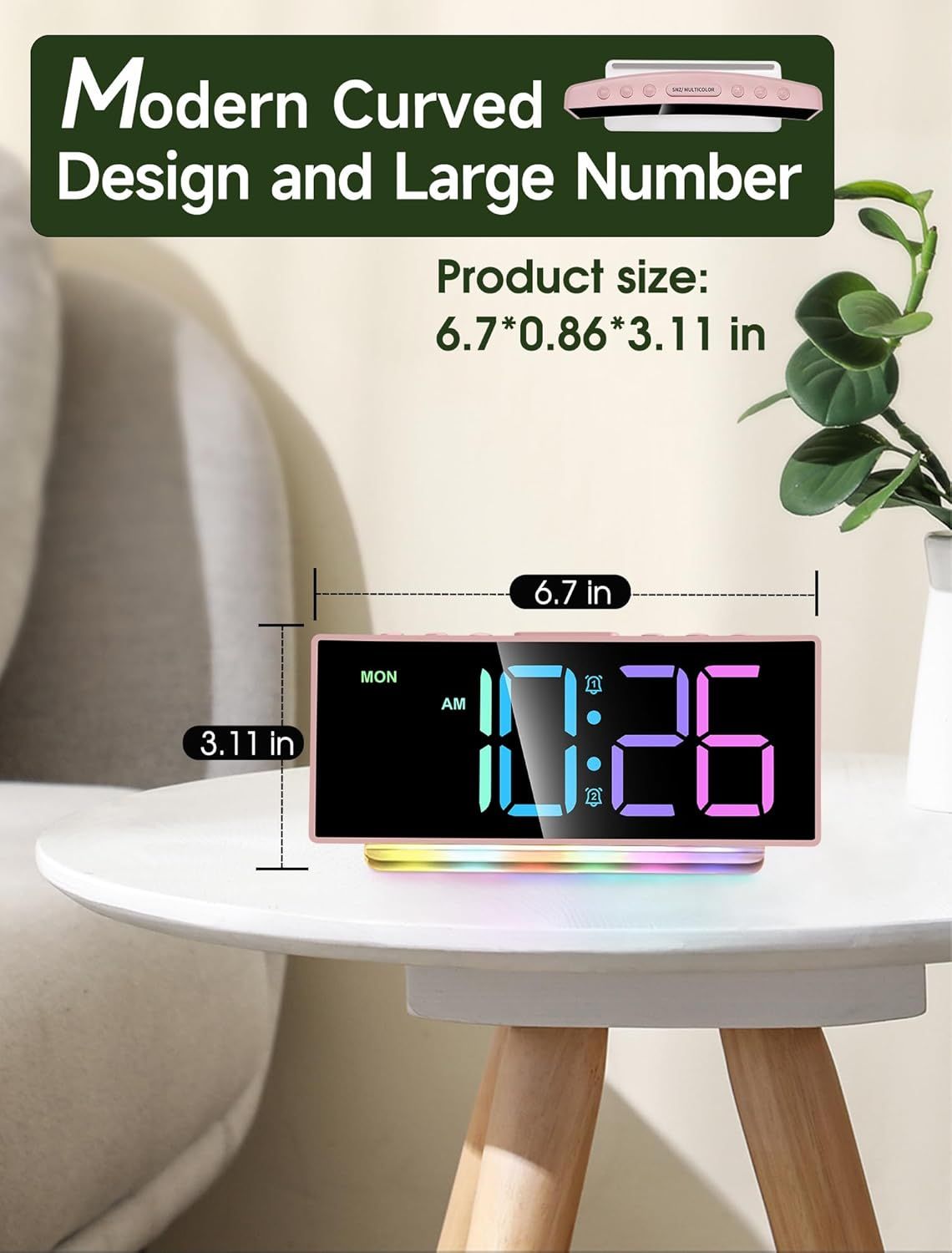Modern Curved Cute Digital Alarm Clock,Colorful Led Display,Adjustable Volume,Weekday/Weekend Mode,Simple Clock for Bedrooms Bedside,Ok to Wake Up for Girls,Kids,Teens (Pink+Dynamic)