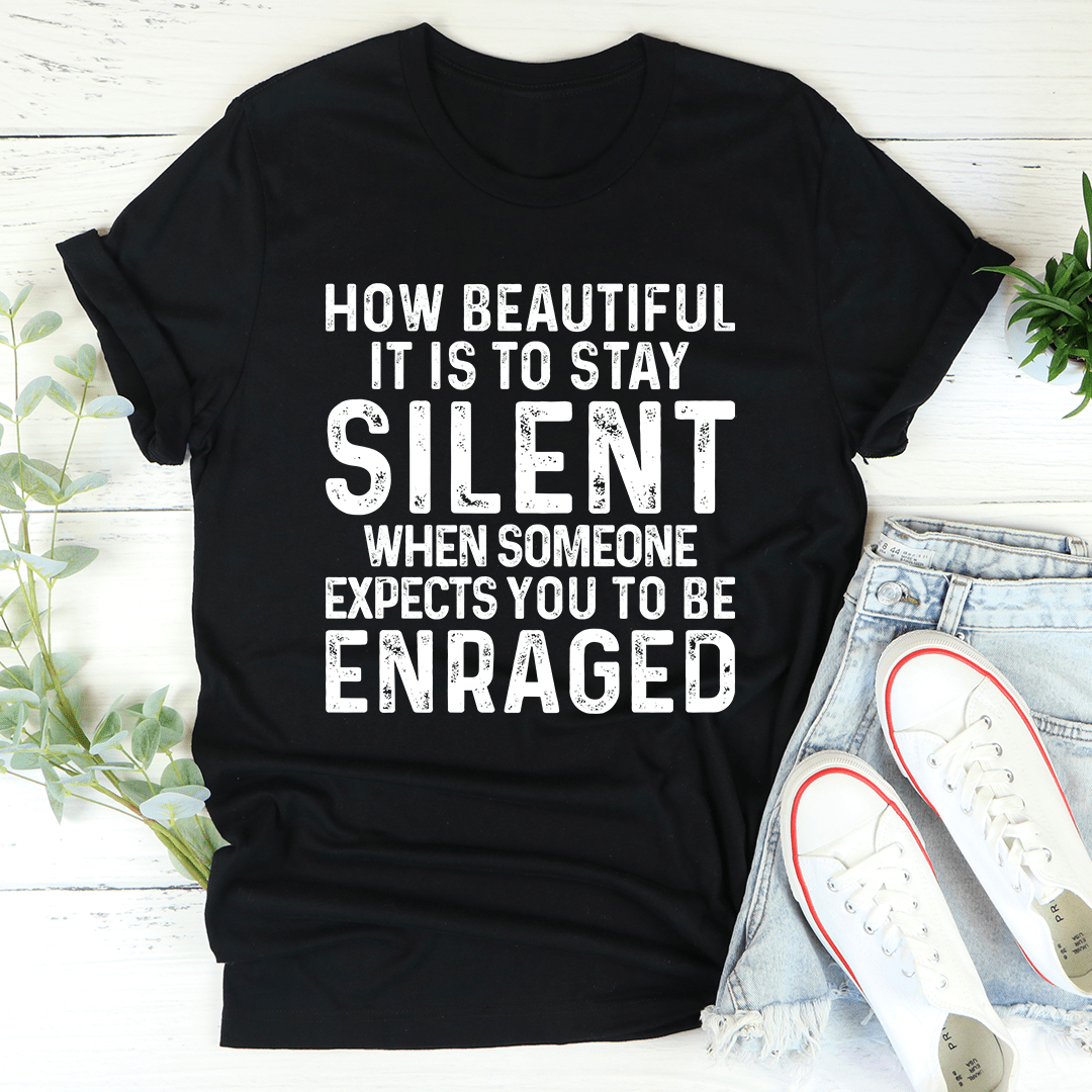 Black crewneck Stay Silent T-shirt with large 'SILENT' slogan front print