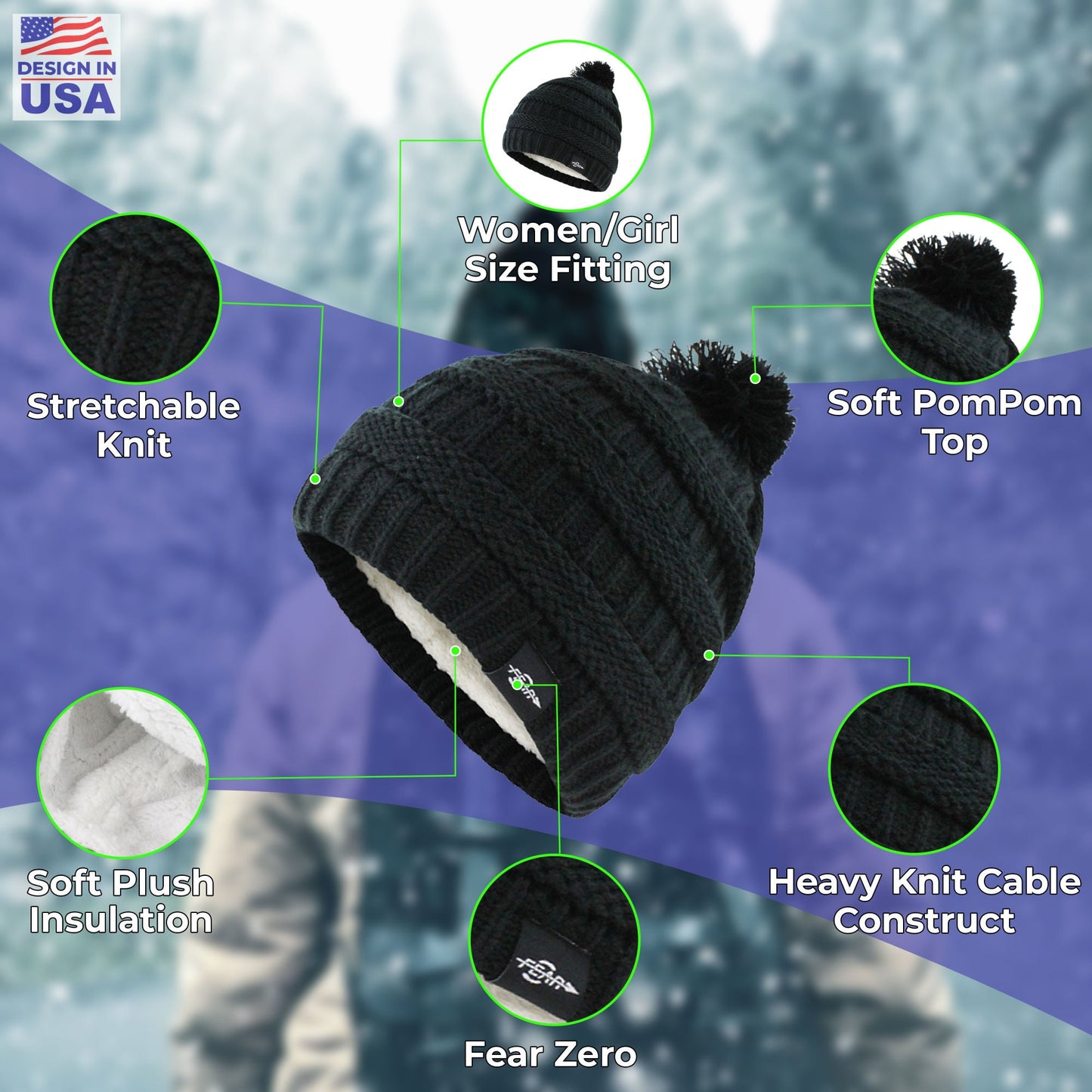 Black cable-knit beanie with plush lining and small pom-pom top