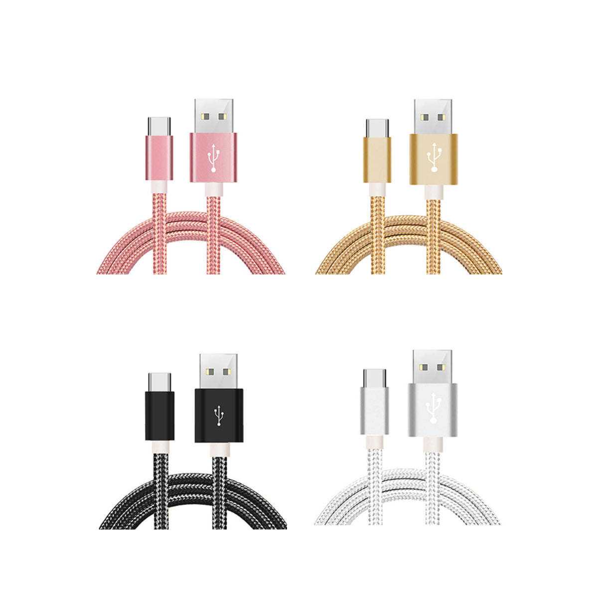 Braided USB-C charging cable pair with USB-A and Type-C plugs in pink, gold, black, white