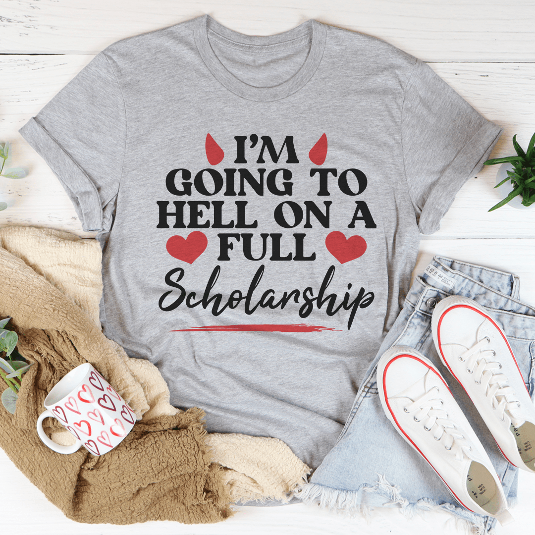 Athletic heather T-shirt with red hearts and flames graphic reading 'Full Scholarship'