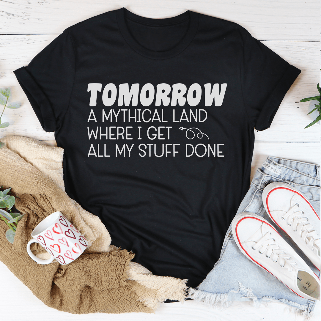 Black crew-neck graphic T-shirt with 'Tomorrow' message and glasses icon on front